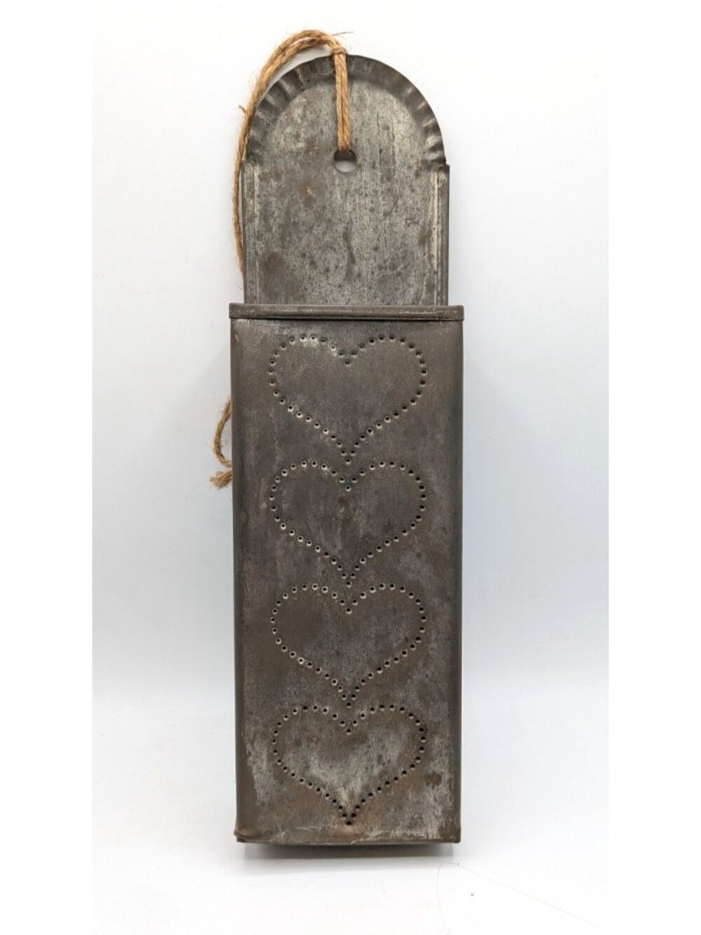 Vtg Punched Tin Fireplace Long Match Holder Wall Mount 4 Hearts Rustic Farmhouse - Picture 2 of 6